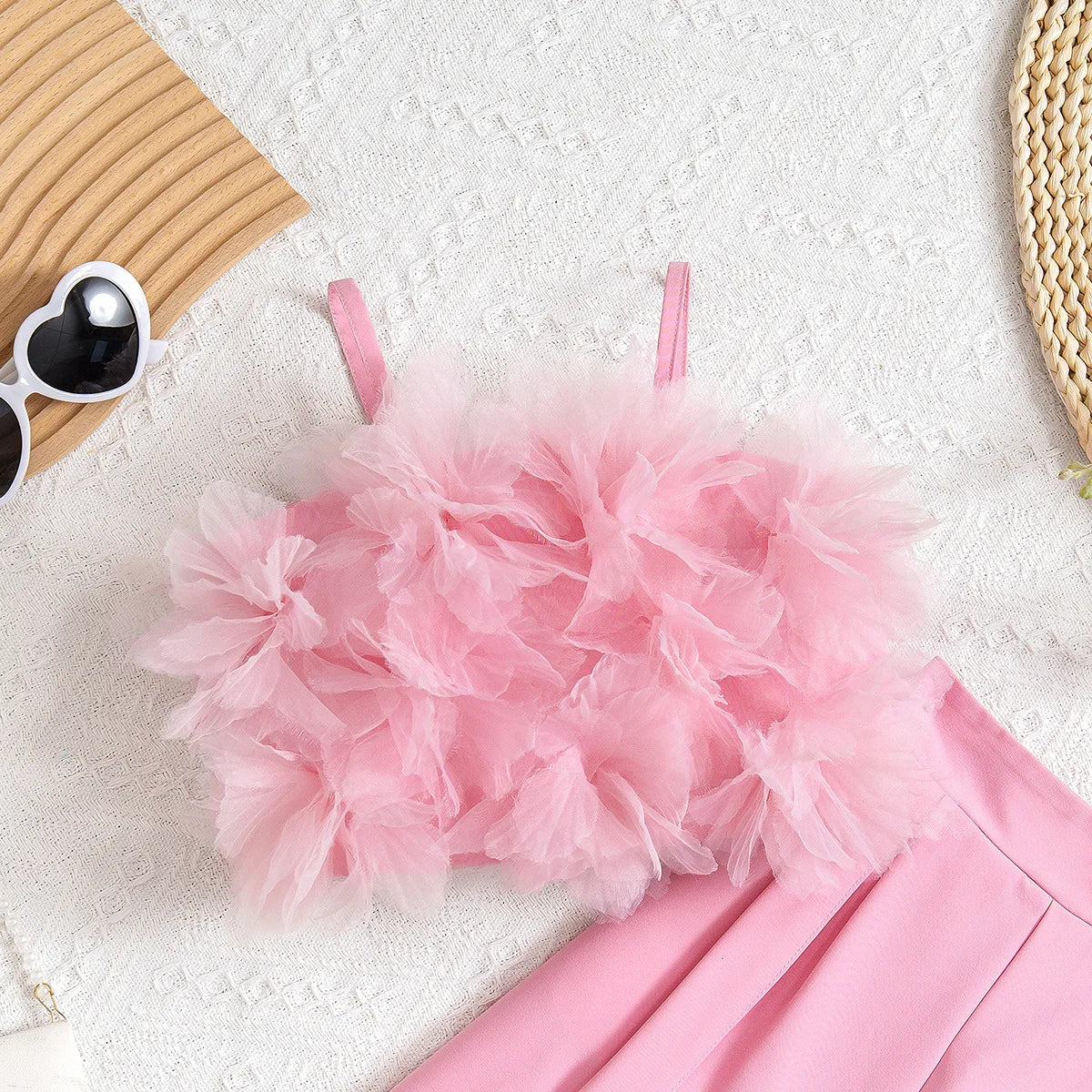 Girls' Summer Pink Outfit Set with Lace Vest & Pants