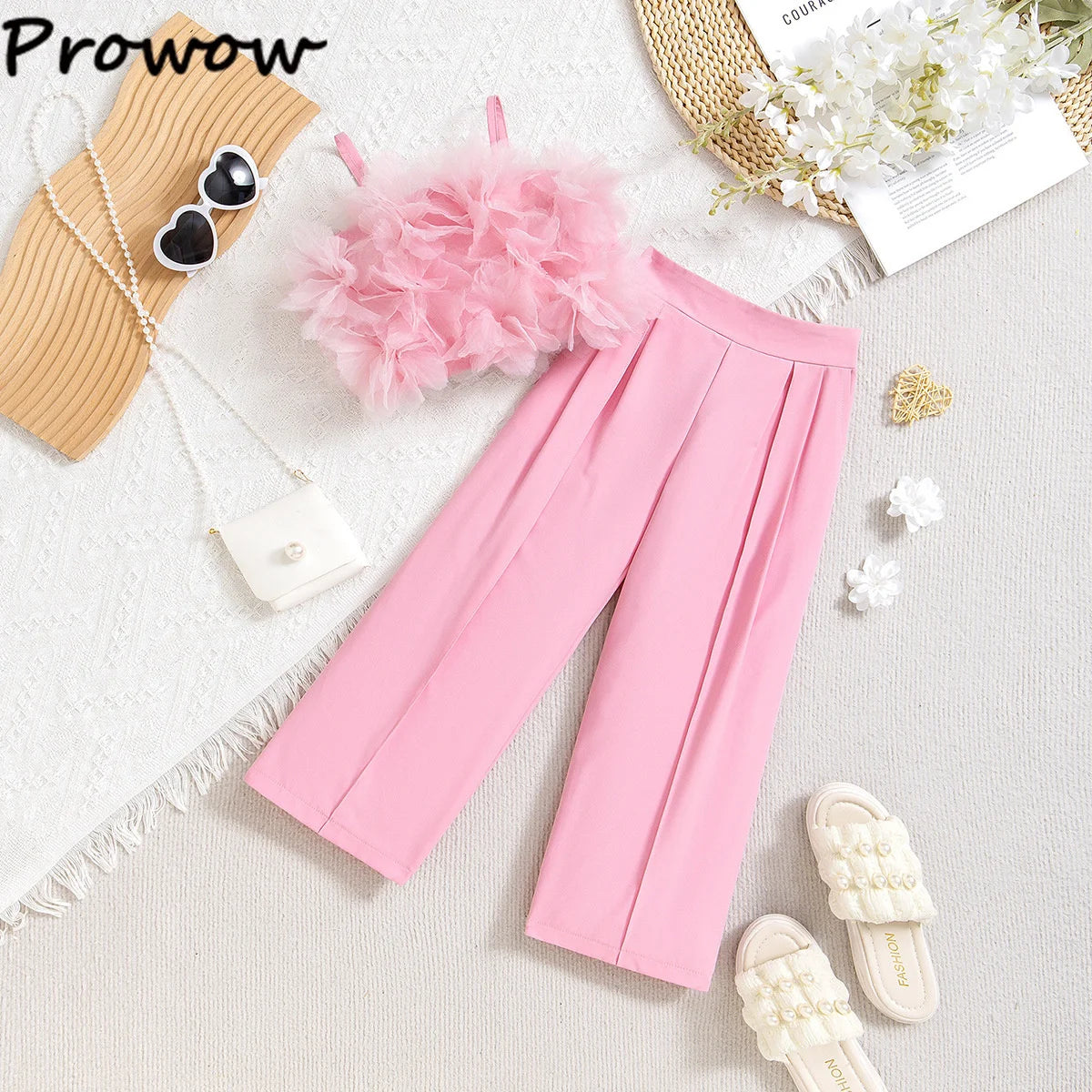 Girls' Summer Pink Outfit Set with Lace Vest & Pants