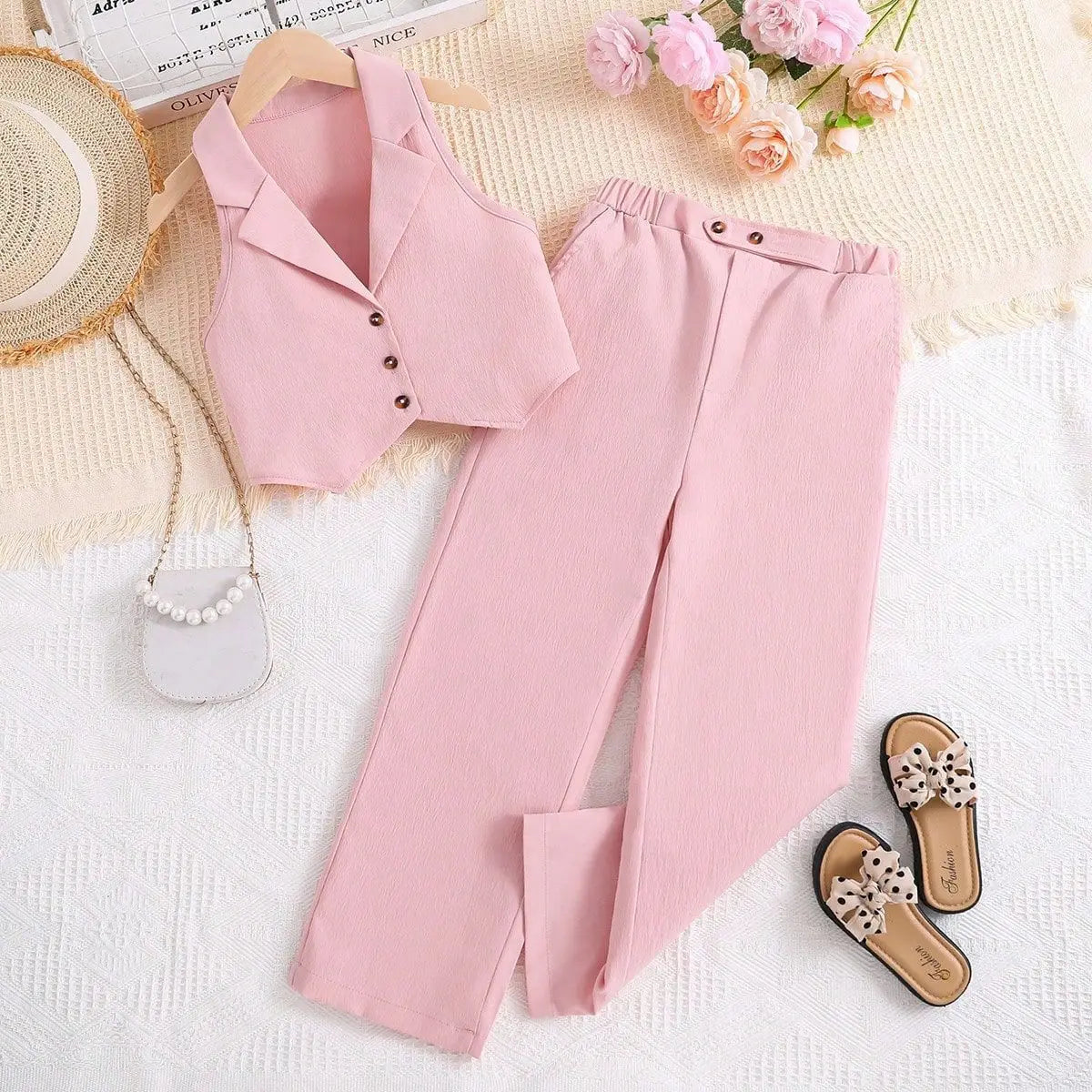 Girls' Summer Pink Outfit Set with Lace Vest & Pants
