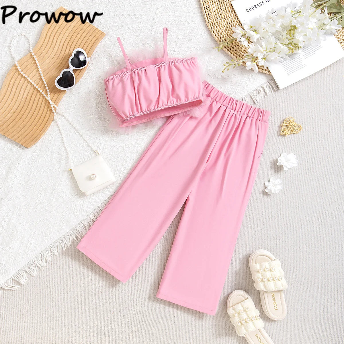 Girls' Summer Pink Outfit Set with Lace Vest & Pants