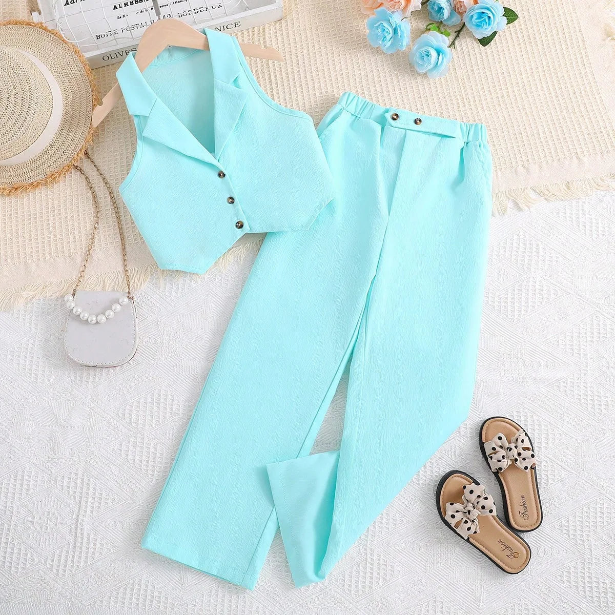 Girls' Summer Pink Outfit Set with Lace Vest & Pants