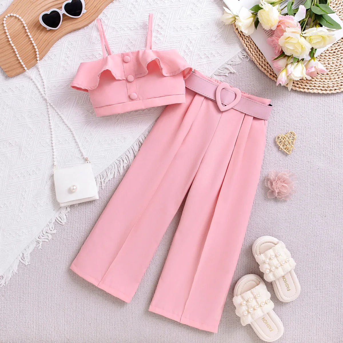Girls' Summer Pink Outfit Set with Lace Vest & Pants