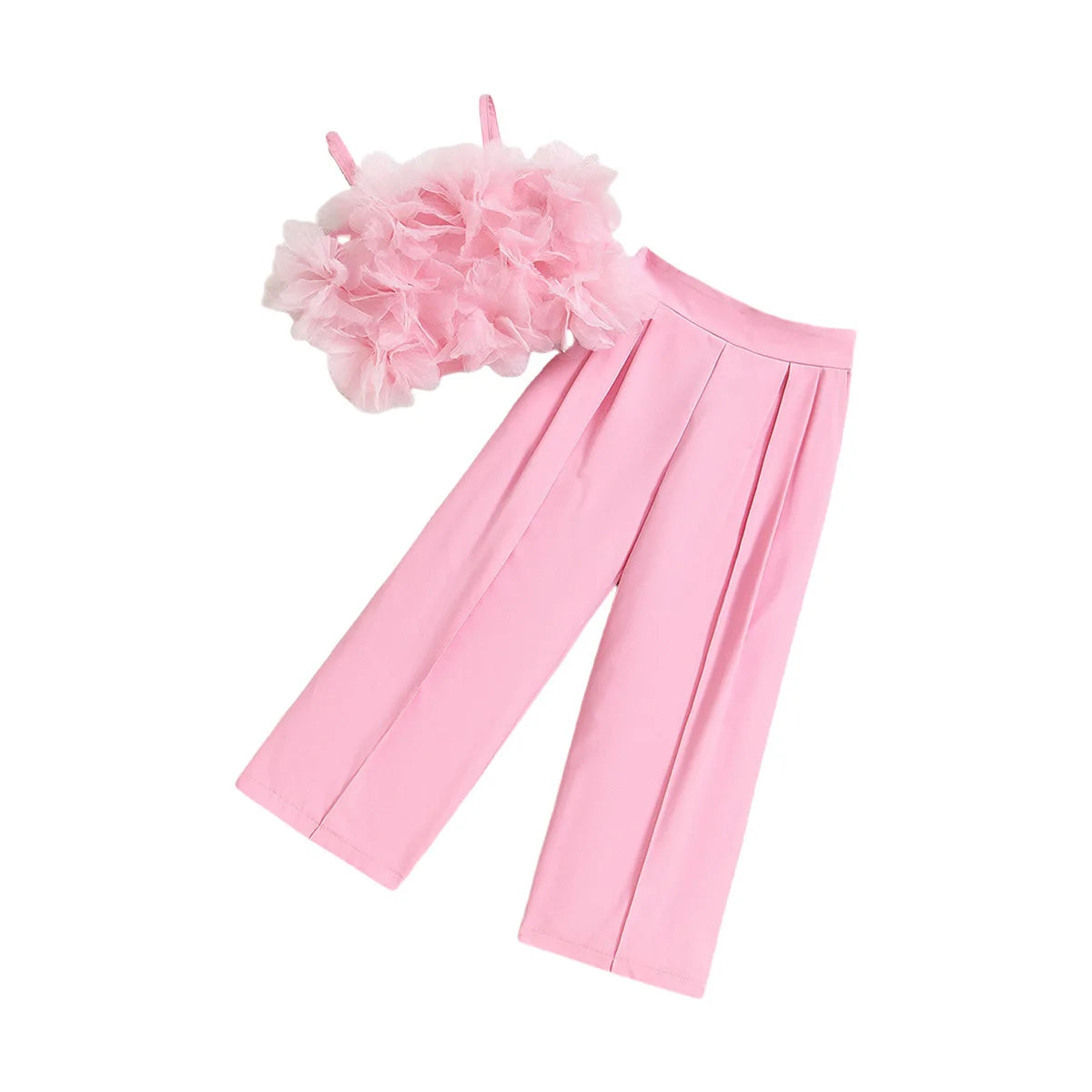Girls' Summer Pink Outfit Set with Lace Vest & Pants