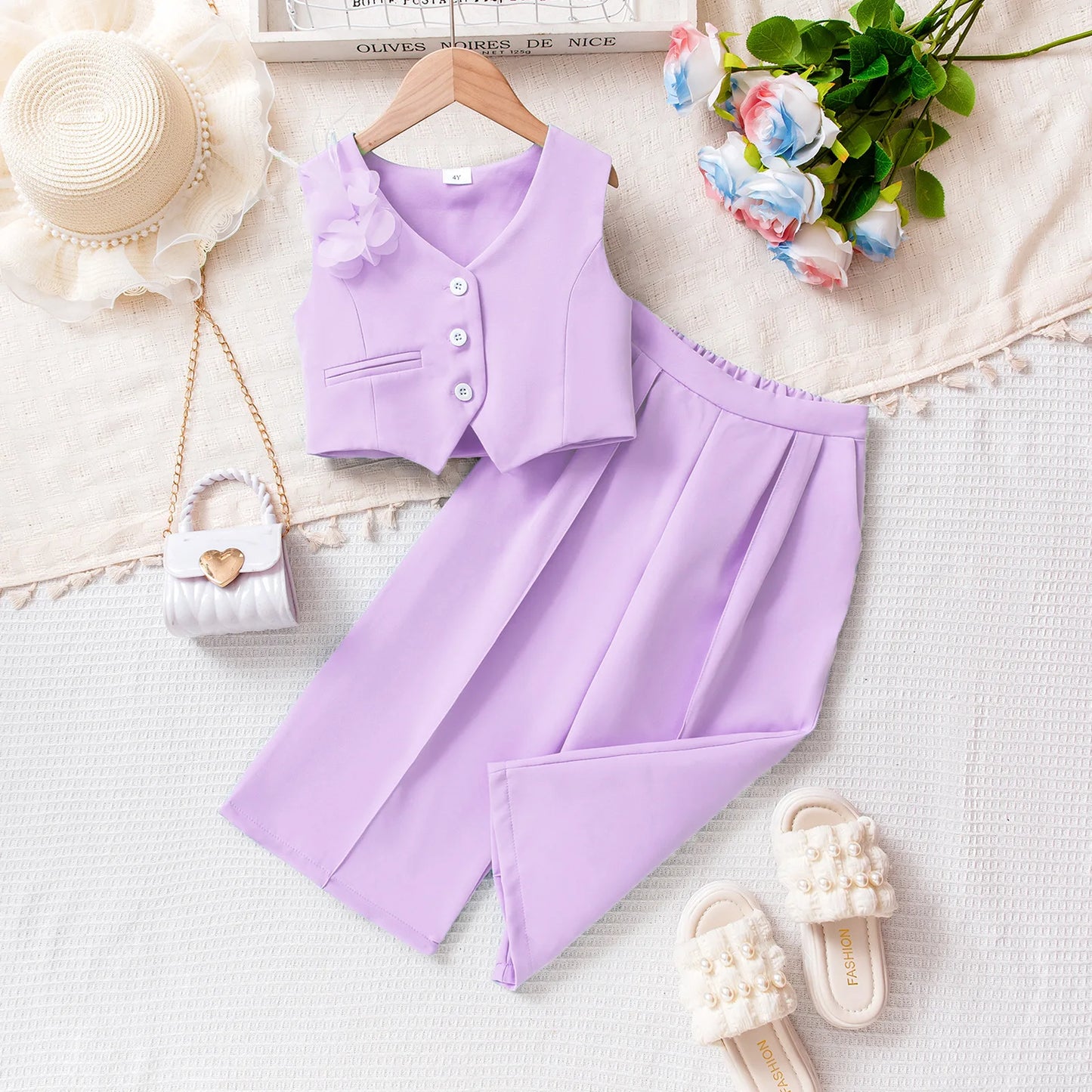 Girls' Summer Pink Outfit Set with Lace Vest & Pants