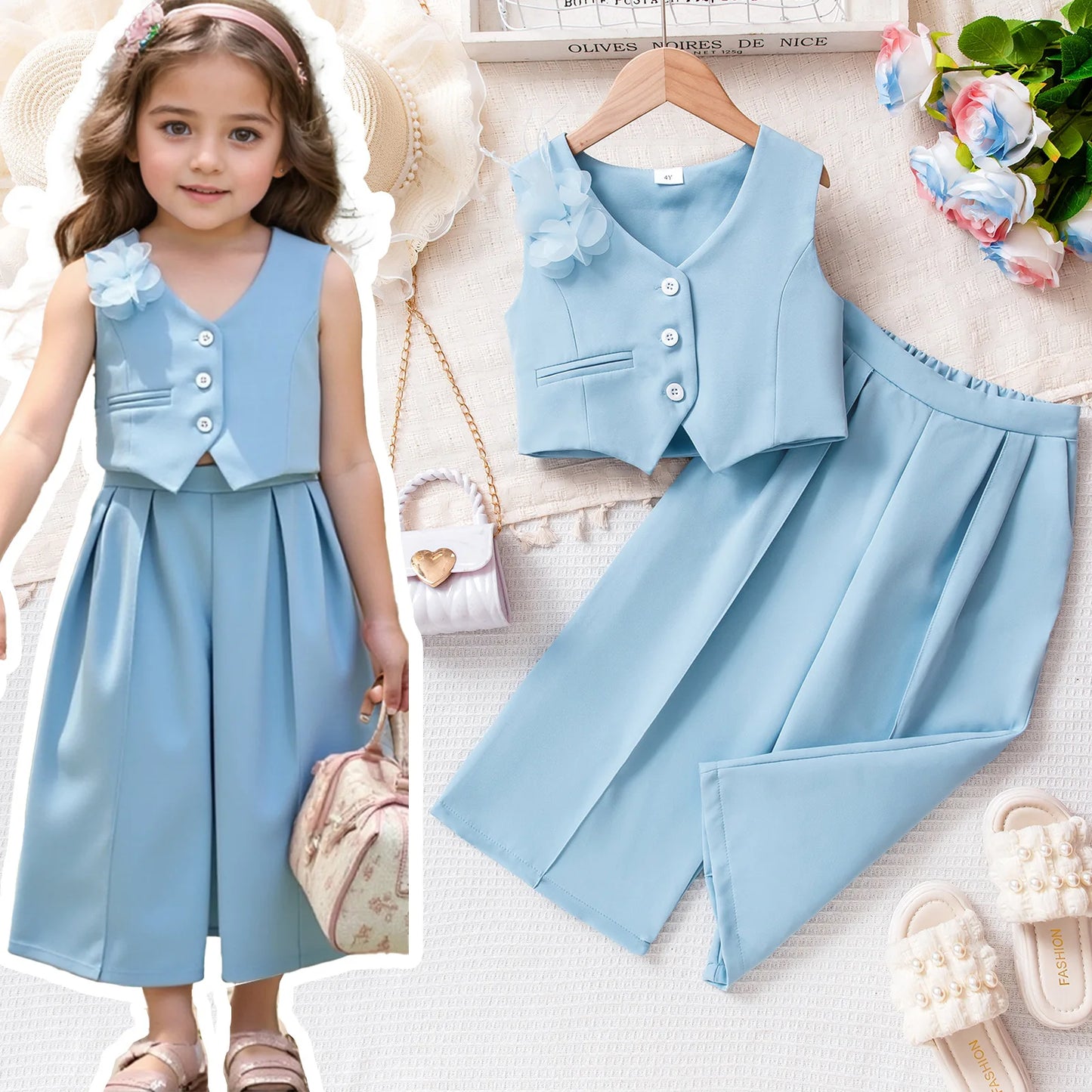 Girls' Summer Pink Outfit Set with Lace Vest & Pants