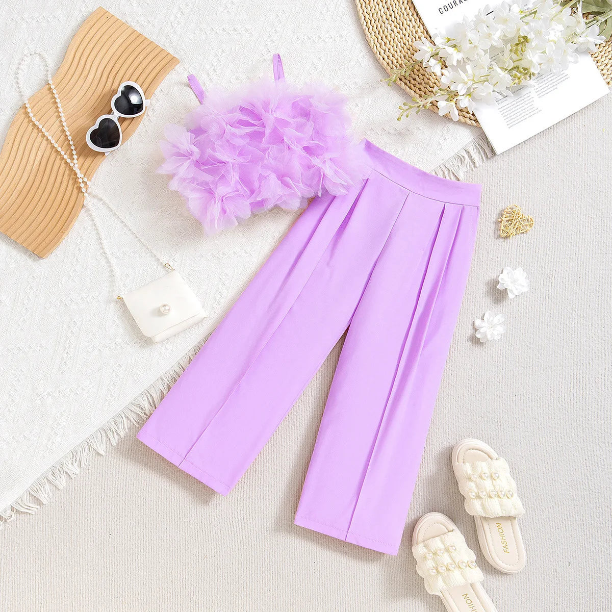 Girls' Summer Pink Outfit Set with Lace Vest & Pants