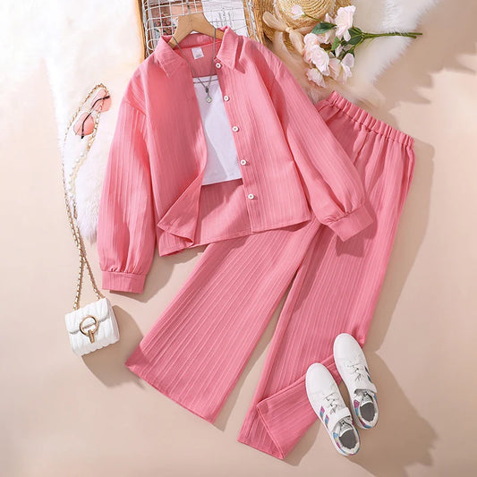 Girls' Korean Style Long-Sleeve Coat & Pants Sets (4-16 Years)