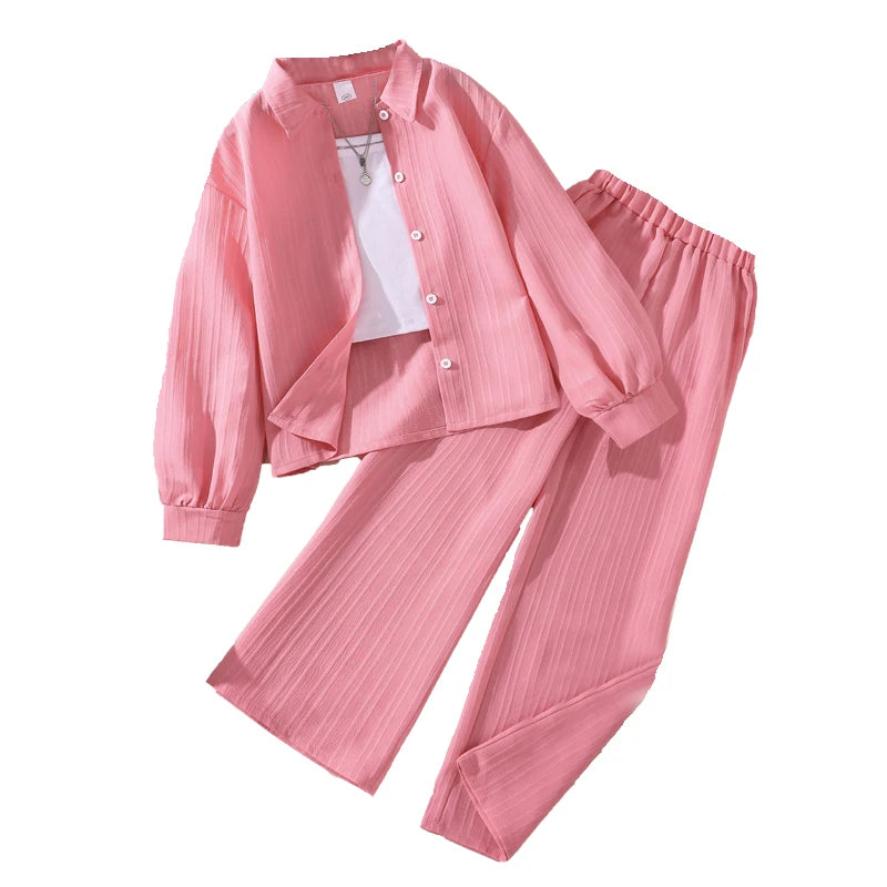Girls' Korean Style Long-Sleeve Coat & Pants Sets (4-16 Years)