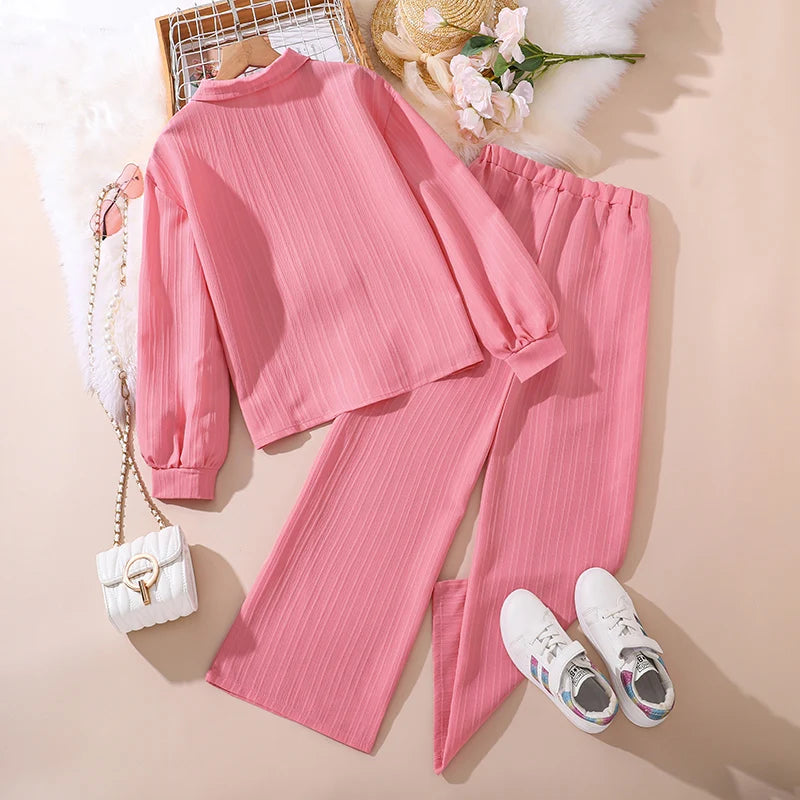 Girls' Korean Style Long-Sleeve Coat & Pants Sets (4-16 Years)