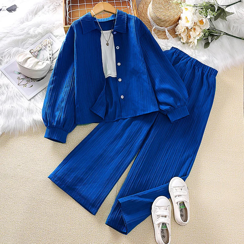 Girls' Korean Style Long-Sleeve Coat & Pants Sets (4-16 Years)