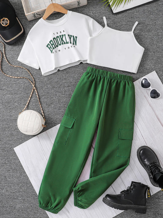 Girls' Spring/Summer Athleisure Set — Letter T-Shirt, Halter Vest & Sweatpants