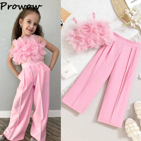 Girls' Summer Pink Outfit Set with Lace Vest & Pants