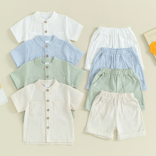 Baby Boys' Summer Outfit – 2-Piece Cotton Linen Shirt & Shorts Set